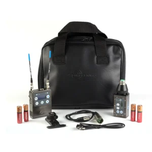 Lectrosonics ZS-LRHMa L-Series Plug-On Wireless Kit: The kit laid out: LR receiver, HMa transmitter, cables, shoe mount, batteries, and the zippered pouch.