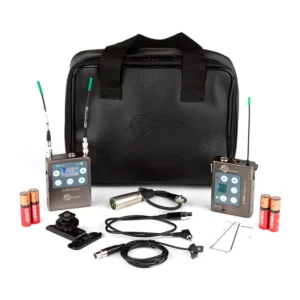 Lectrosonics ZS-LRLMb L-Series Belt-Pack Wireless Kit: The receiver, transmitter, lav mic, cables, and pouch.