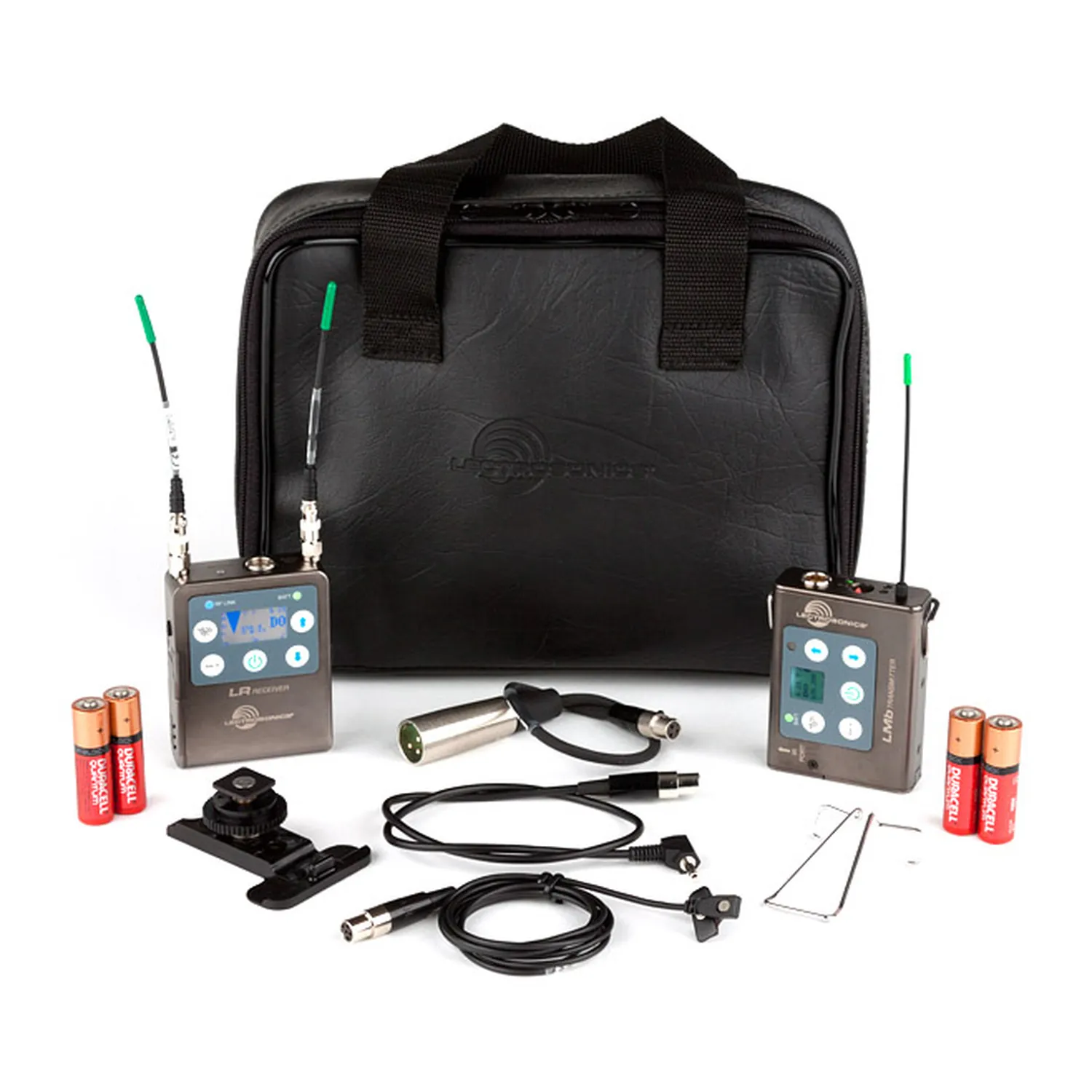 Lectrosonics ZS-LRLMb L-Series Belt-Pack Wireless Kit: The receiver, transmitter, lav mic, cables, and pouch.