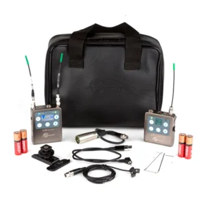 Lectrosonics ZS-LRLT L-Series Belt-Pack Wireless Kit: The receiver, transmitter, lav mic, cables, and pouch.