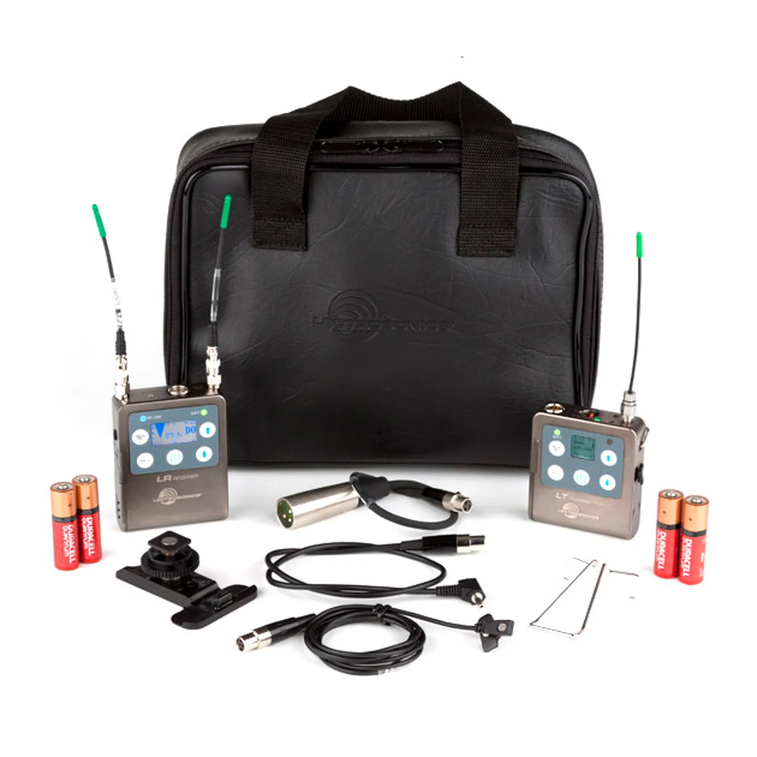Lectrosonics ZS-LRLT L-Series Belt-Pack Wireless Kit: The receiver, transmitter, lav mic, cables, and pouch.