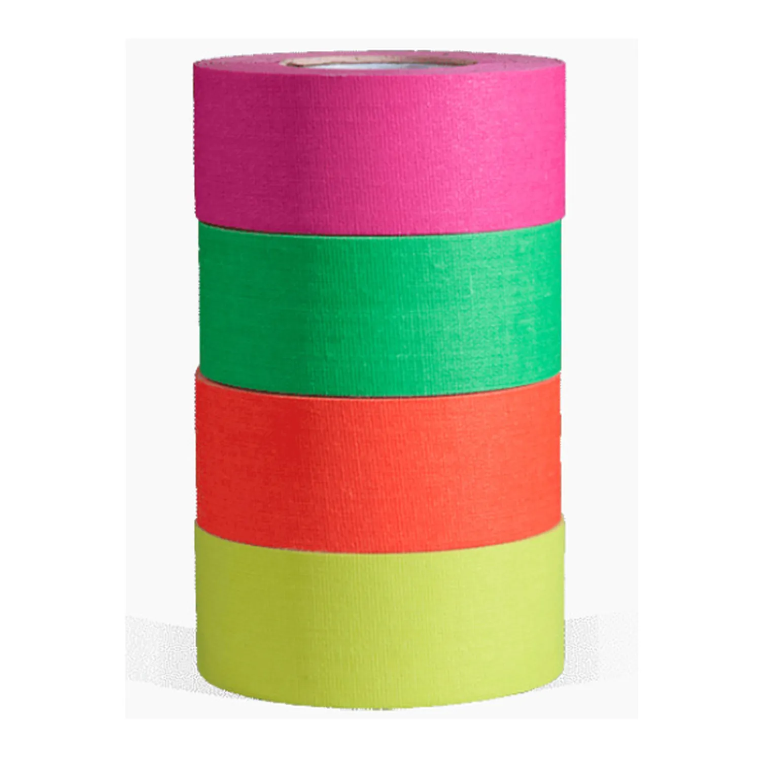 Visual Departures microGAFFER Tape 1 in x 8 yd (Fluorescent, 4-Pack): Pink, green, orange, and yellow rolls of microGAFFER tape stacked.