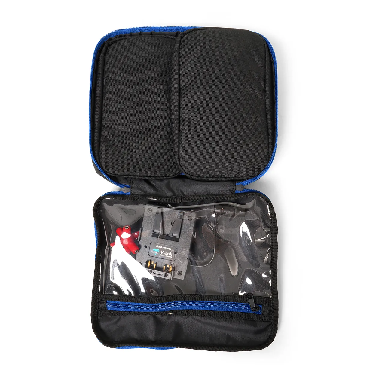 ORCA OR-119 Audio/Video Organizer Pouch: the front opened, with gear inside.