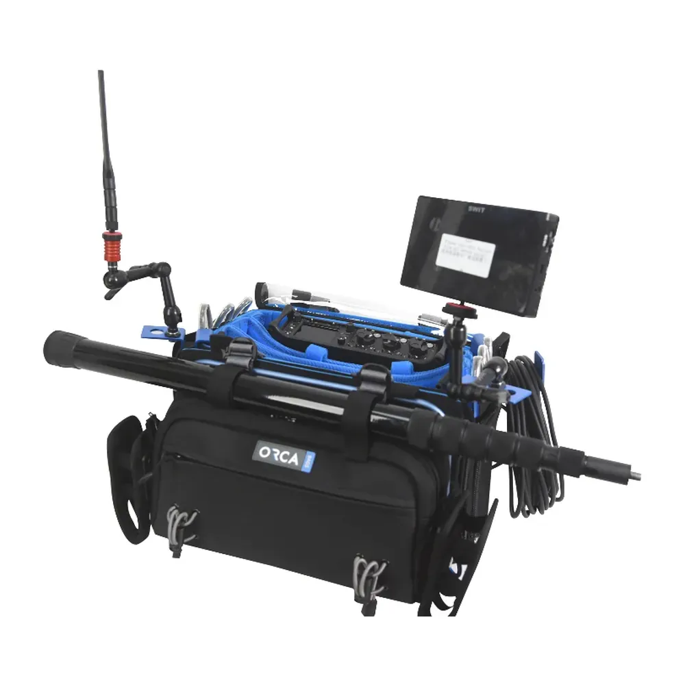 ORCA OR-150 Aluminum Antenna Holder for ORCA Audio Bags: holding an antenna and a monitor.