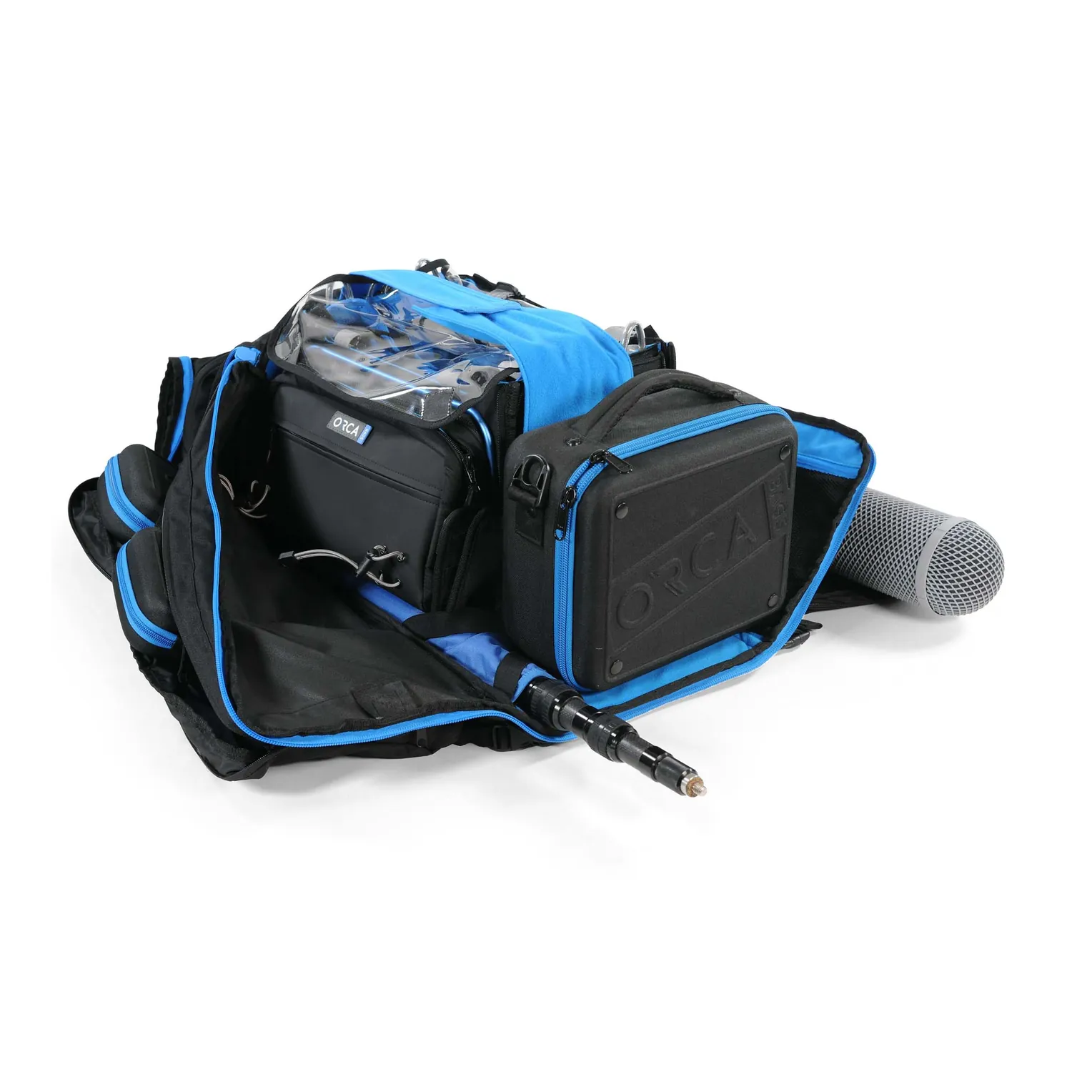 ORCA OR-165 Audio Duffel Bag with Backpack Straps: opened, with a mixer bag and boom pole.
