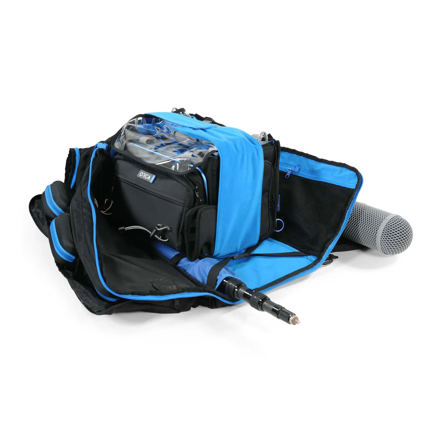 ORCA OR-165 Audio Duffel Bag with Backpack Straps: opened, with the cover strap.