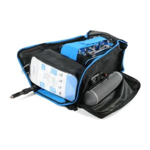 ORCA OR-165 Audio Duffel Bag with Backpack Straps: opened, holding a mixer bag and windshield.