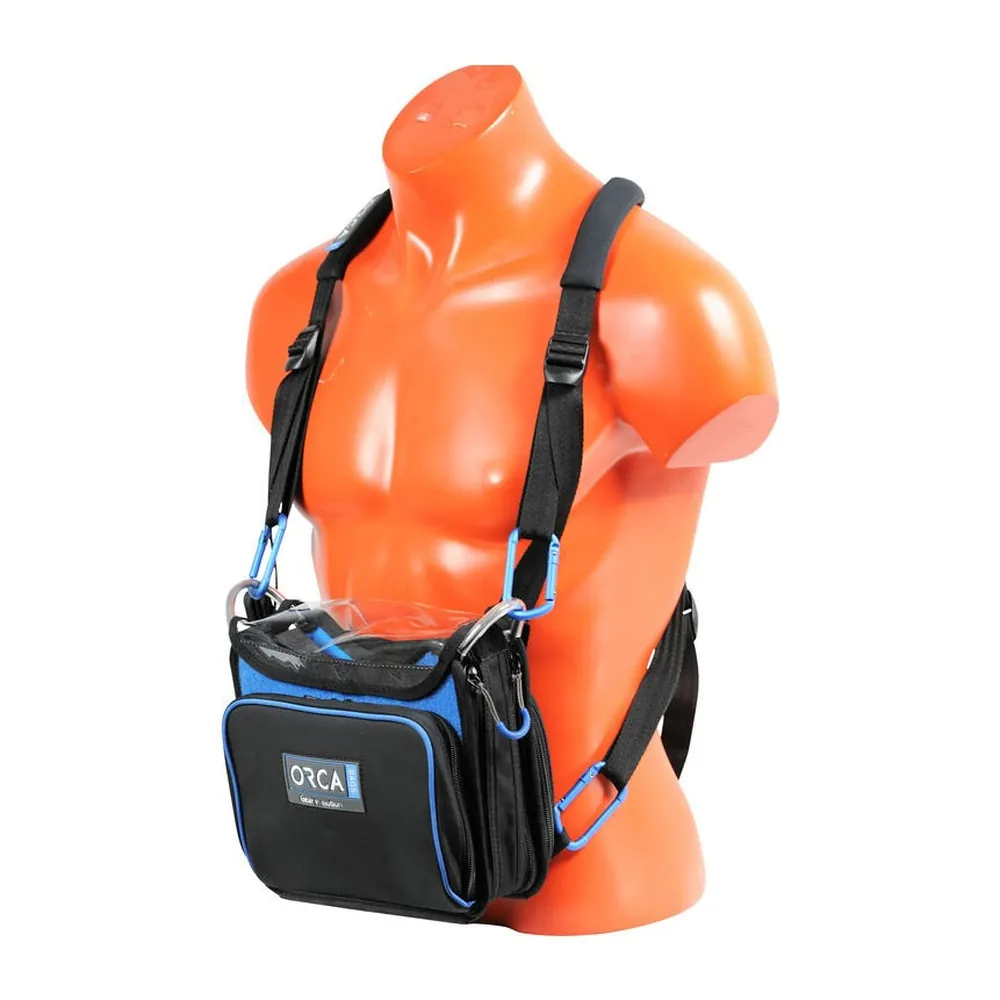 ORCA OR-270 Low Profile Audio Mixer Bag for MixPre-3 and MixPre-6: on a form, worn on the shoulder strap.