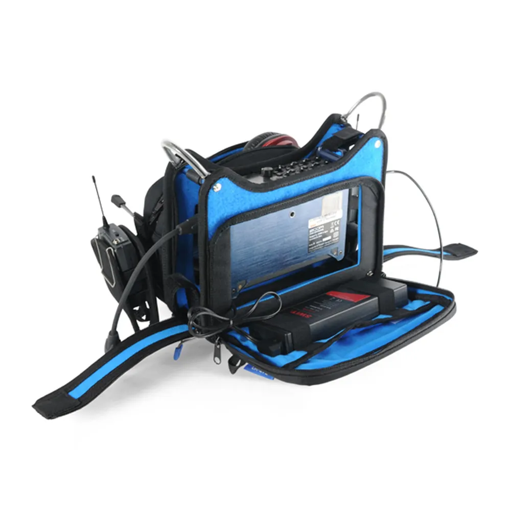 ORCA OR-272 Low Profile Audio Mixer Bag for Zoom F8n and MixPre-10: the front opened around a mixer and receivers.