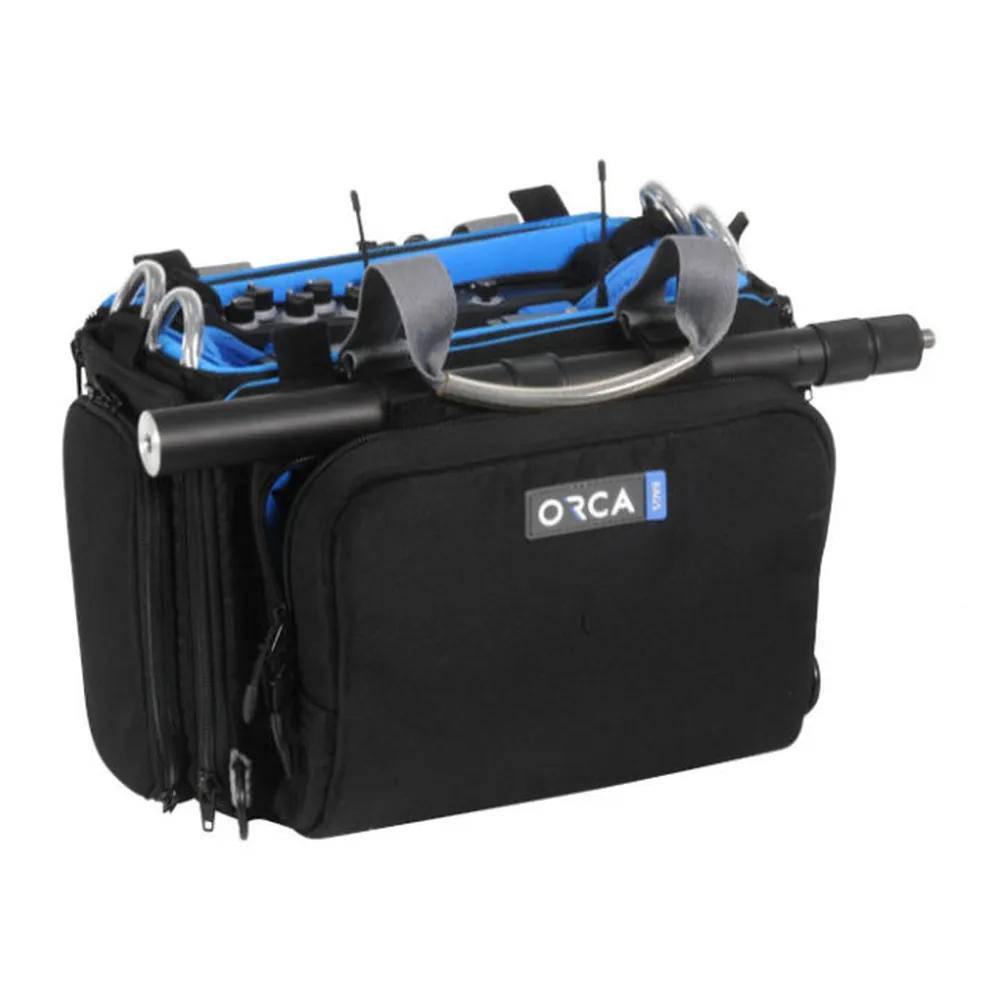 ORCA OR-280 Small Audio Mixer Bag for MixPre: the front with a boom pole strapped on.