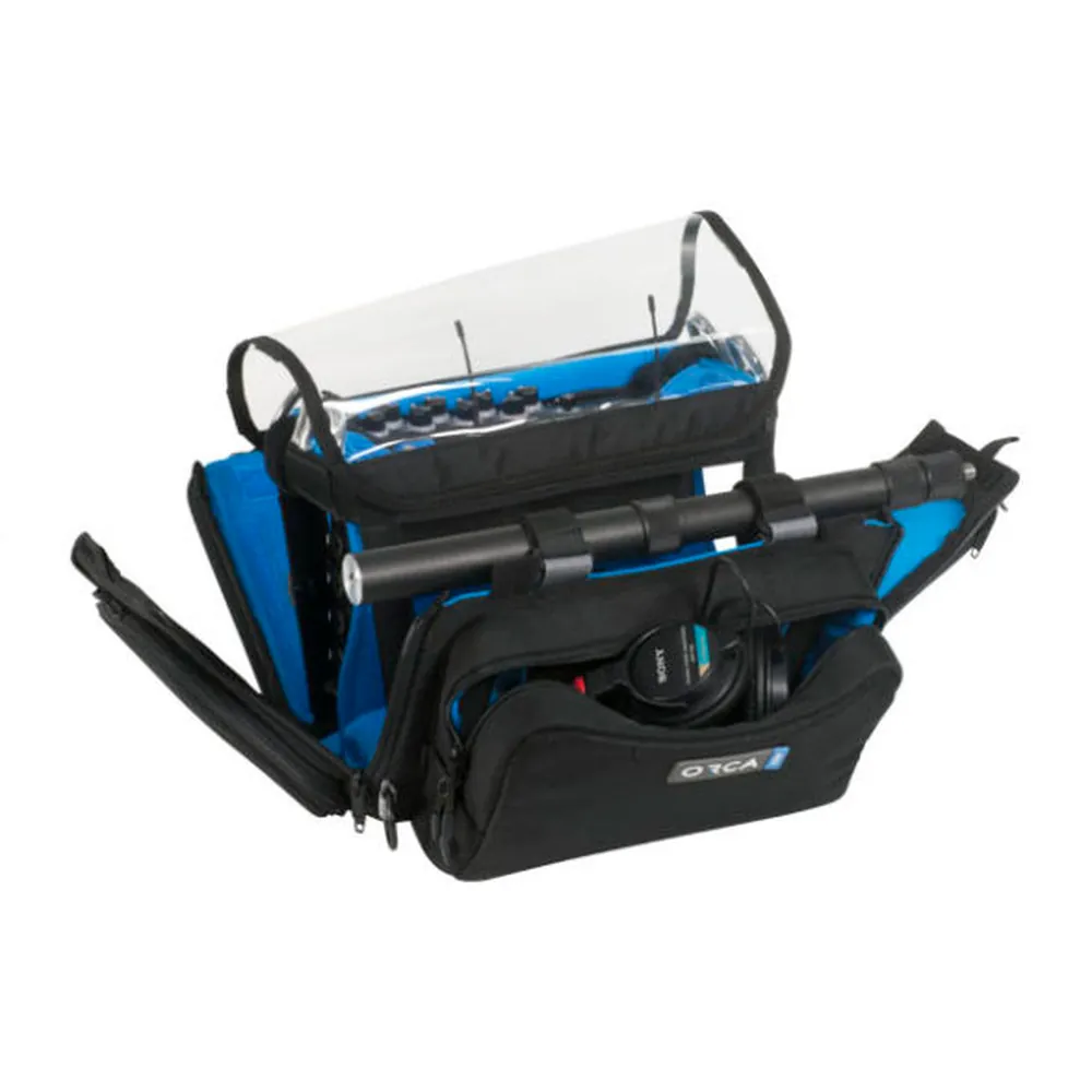 ORCA OR-280 Small Audio Mixer Bag for MixPre: the clear top cover raised.