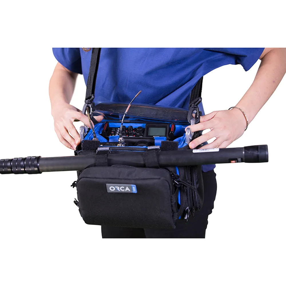 ORCA OR-28 Small Audio Mixer Bag for Zoom F8 and MixPre-6: worn, close up.