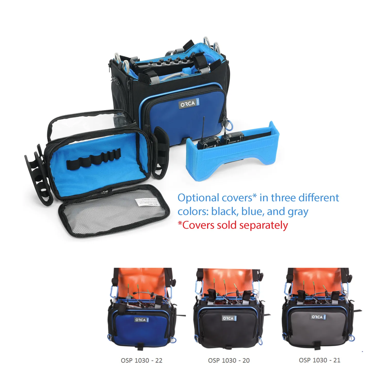 ORCA OR-330 Audio Mixer Bag for Zaxcom Nova and Sound Devices 888: the optional front covers in black, blue, and gray.