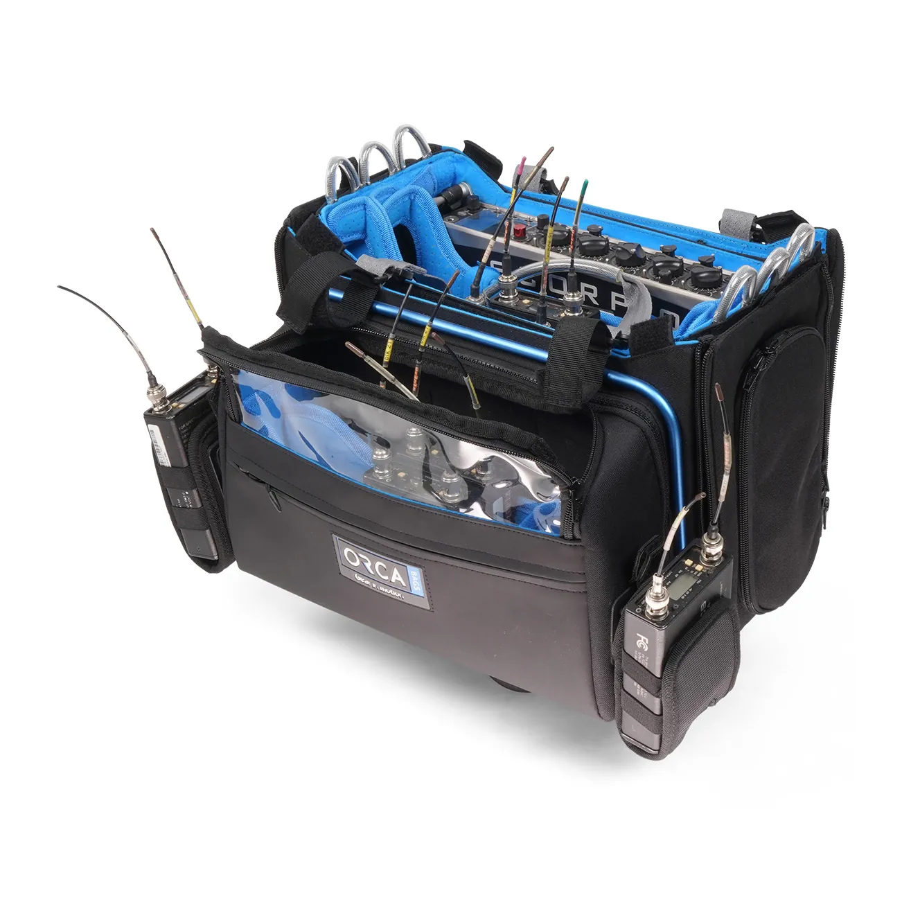 ORCA OR-332 Premium Audio Mixer Bag for Scorpio, 888, and 688: the front pouch holding receivers.