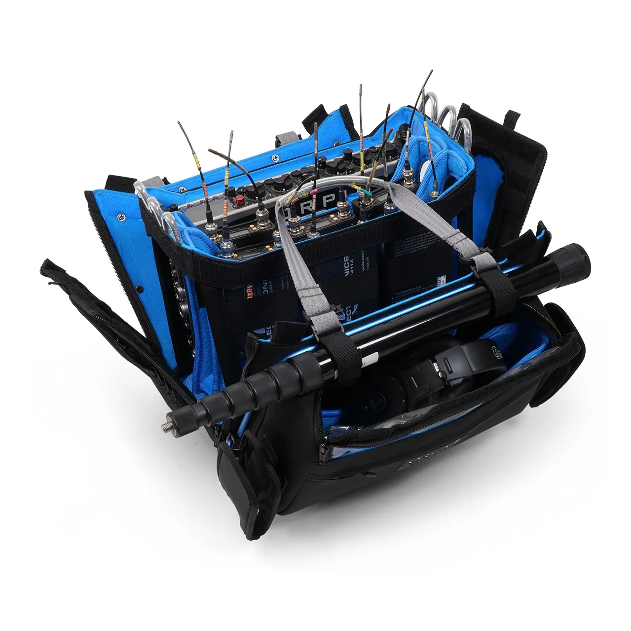 ORCA OR-332 Premium Audio Mixer Bag for Scorpio, 888, and 688: loaded, with a boom pole strapped on.