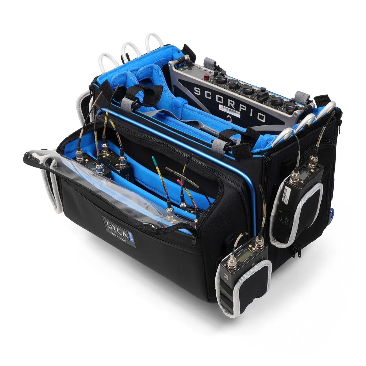 ORCA OR-334 Premium Audio Mixer Bag for Scorpio and Deva 24: loaded, with the front pouch on.