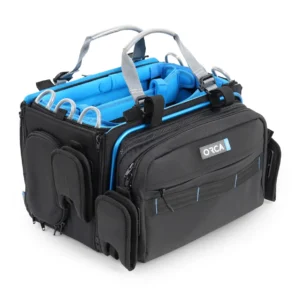 ORCA OR-34 Audio Mixer Bag with Four Detachable Wireless Pouches: the bag closed, from the front corner.
