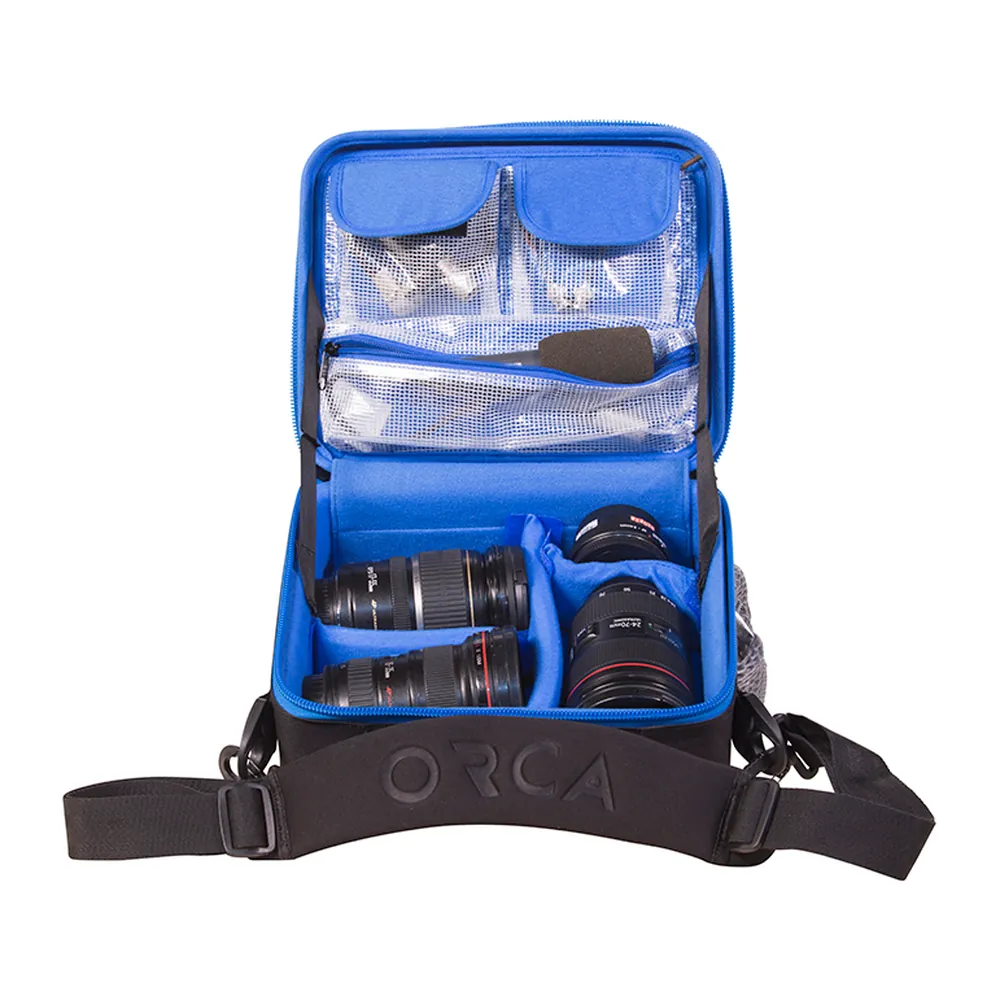 ORCA OR-67 Hard Shell Accessories Bag (Small): opened, holding lenses.