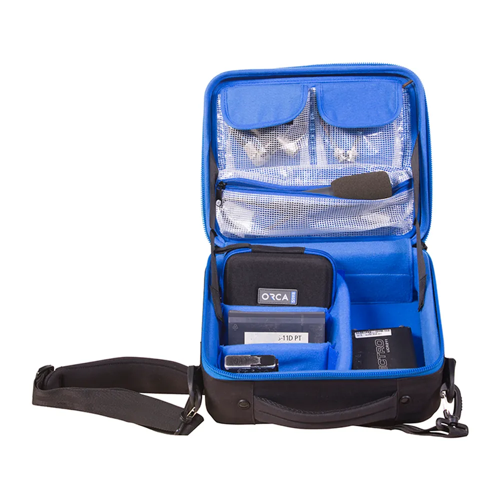 ORCA OR-67 Hard Shell Accessories Bag (Small): opened, holding wireless gear.