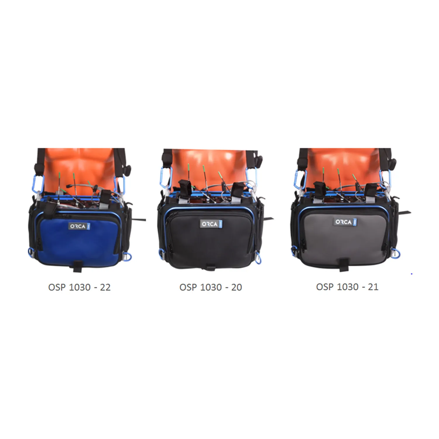 ORCA OSP-1030 Front Cover for OR-30 and OR-330 Audio Bags: the front covers in blue, black, and gray on OR-30 bags.