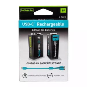 Paleblue Voyager 9V USB-C Rechargeable Batteries (2-Pack) in its retail package, shown from the front.