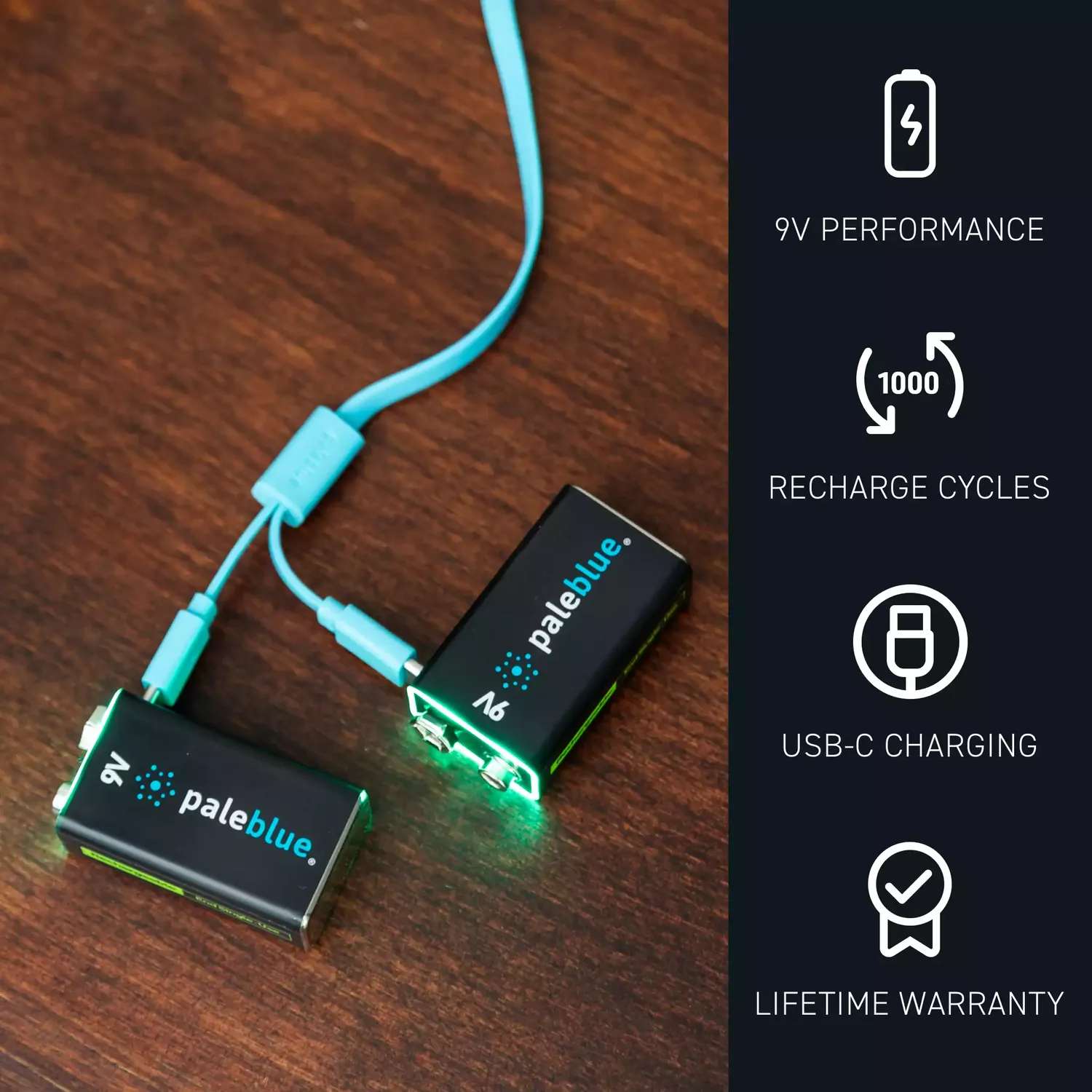 Paleblue Voyager 9V USB-C Rechargeable Batteries (2-Pack) charging on a wooden table through the 2-to-1 USB-C cable, beside icons for 9 V performance, 1,000 recharges, USB-C charging, and lifetime warranty.