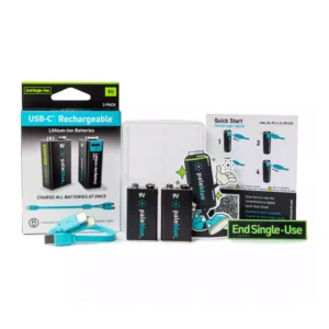 Paleblue Voyager 9V USB-C Rechargeable Batteries (2-Pack) laid out with the package, two 9V batteries, recycled plastic travel cases, a charging cable, and a quick start guide.