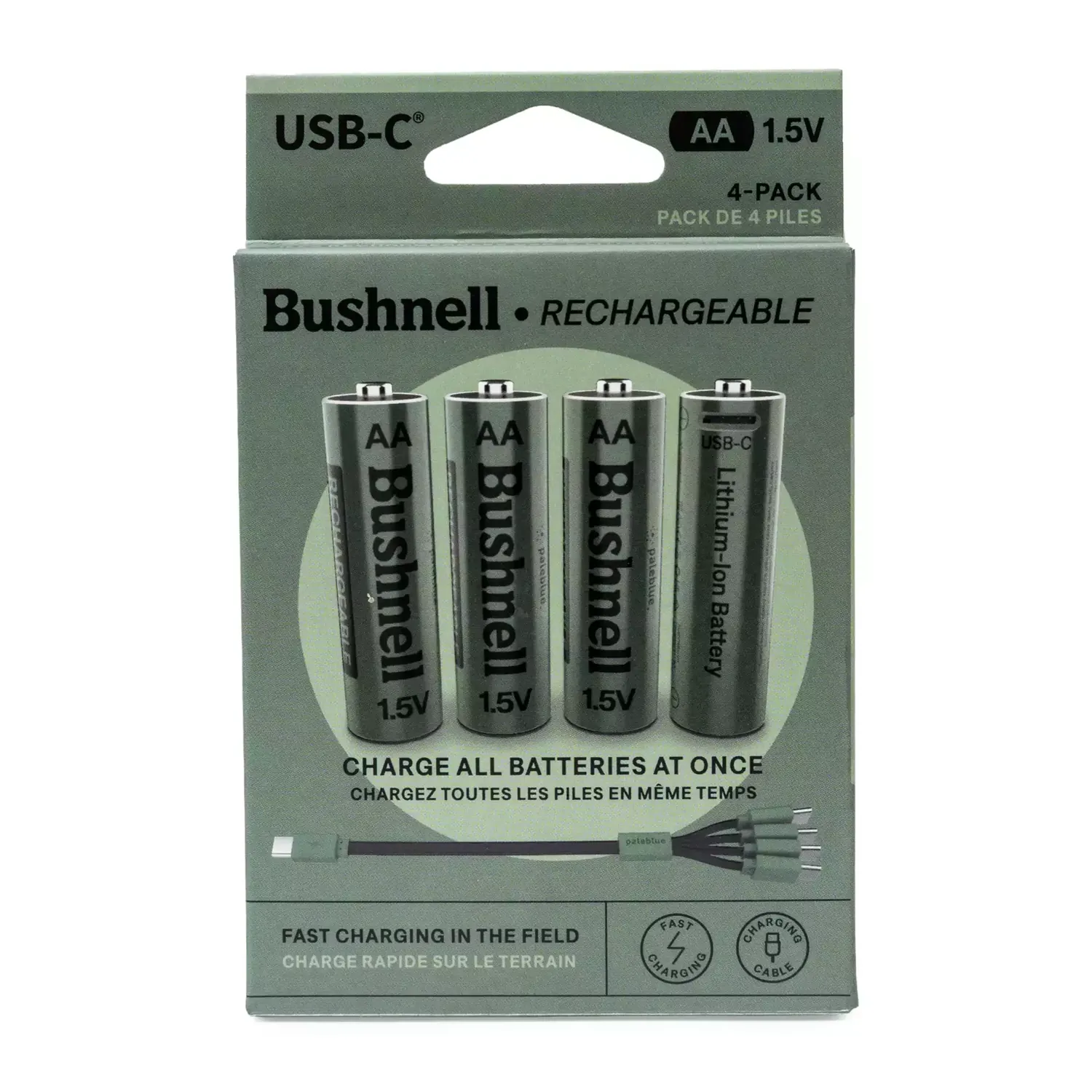 Paleblue x Bushnell AA USB-C Rechargeable Batteries (4-Pack) in its retail package, shown from the front.