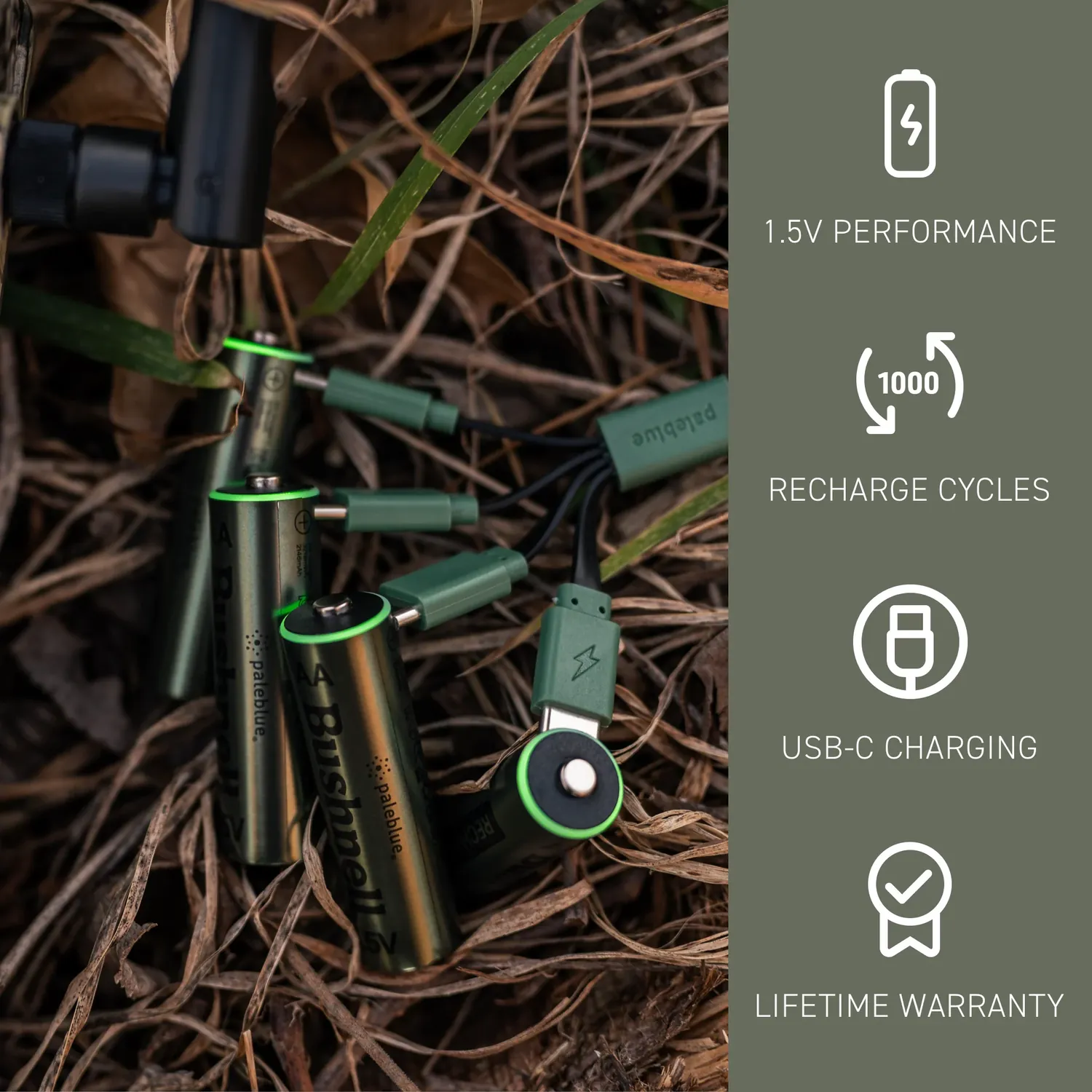 Paleblue x Bushnell AA USB-C Rechargeable Batteries (4-Pack) charging on pine needles beside a trail camera, with icons for 1.5 V performance, 1,000 recharges, USB-C charging, and lifetime warranty.