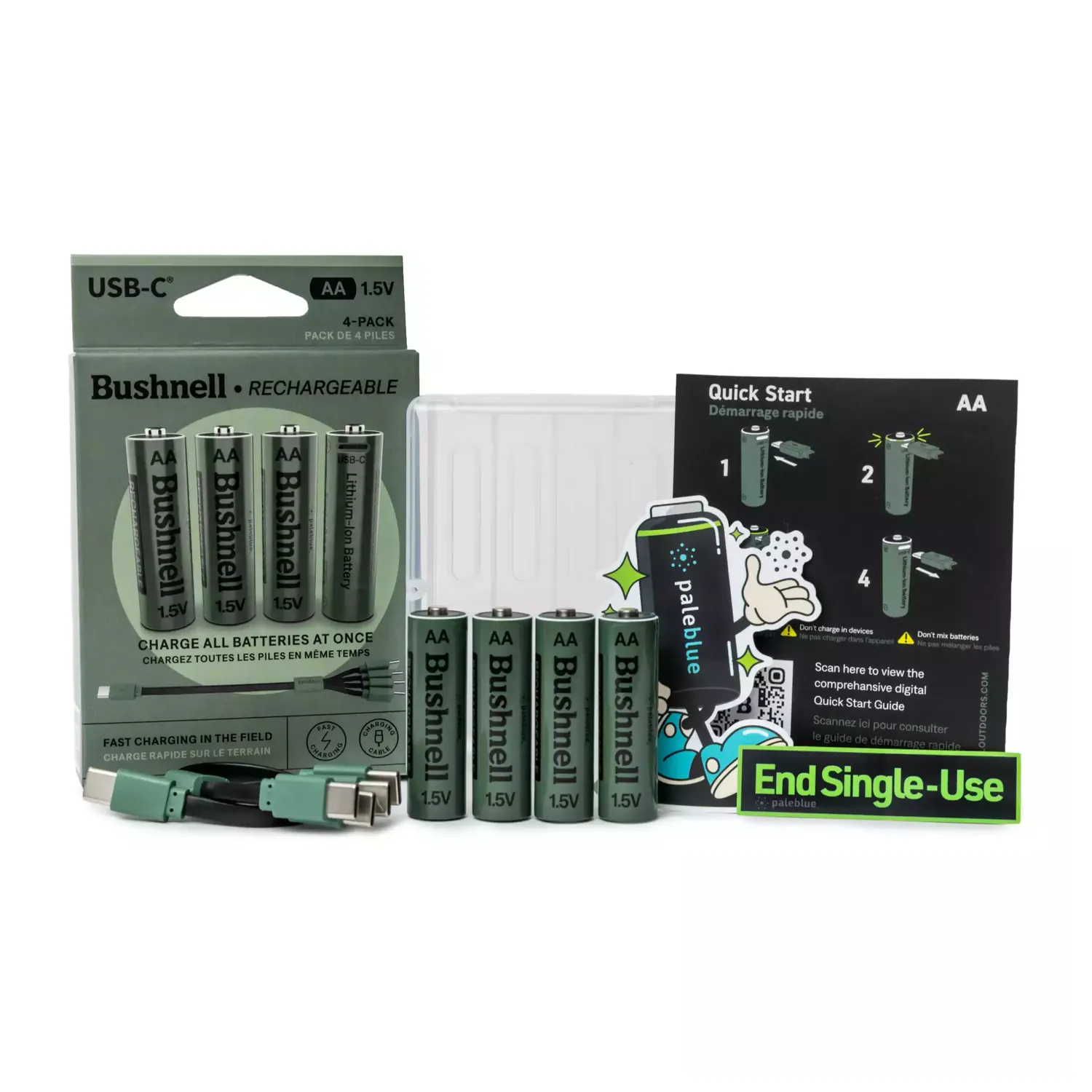 Paleblue x Bushnell AA USB-C Rechargeable Batteries (4-Pack) laid out with the package, four Bushnell AA cells, recycled plastic travel cases, a charging cable, and a quick start guide.