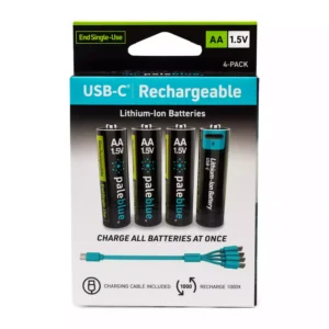 Paleblue Voyager AA USB-C Rechargeable Batteries (4-Pack) in its retail package, shown from the front.