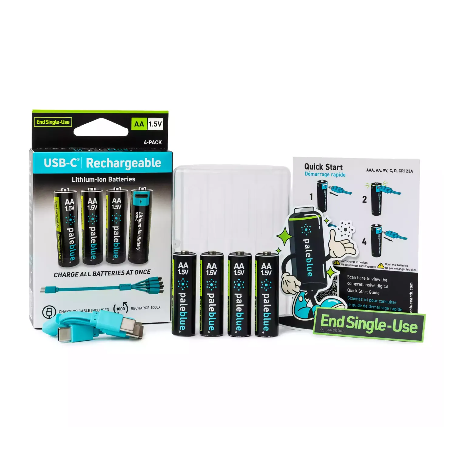 Paleblue Voyager AA USB-C Rechargeable Batteries (4-Pack) laid out with the package, four AA cells, recycled plastic travel cases, a charging cable, and a quick start guide.