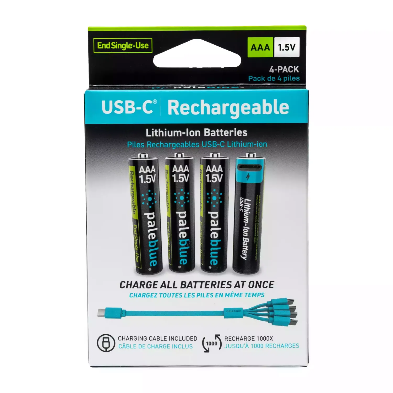 Paleblue Voyager AAA USB-C Rechargeable Batteries (4-Pack) in its retail package, shown from the front.
