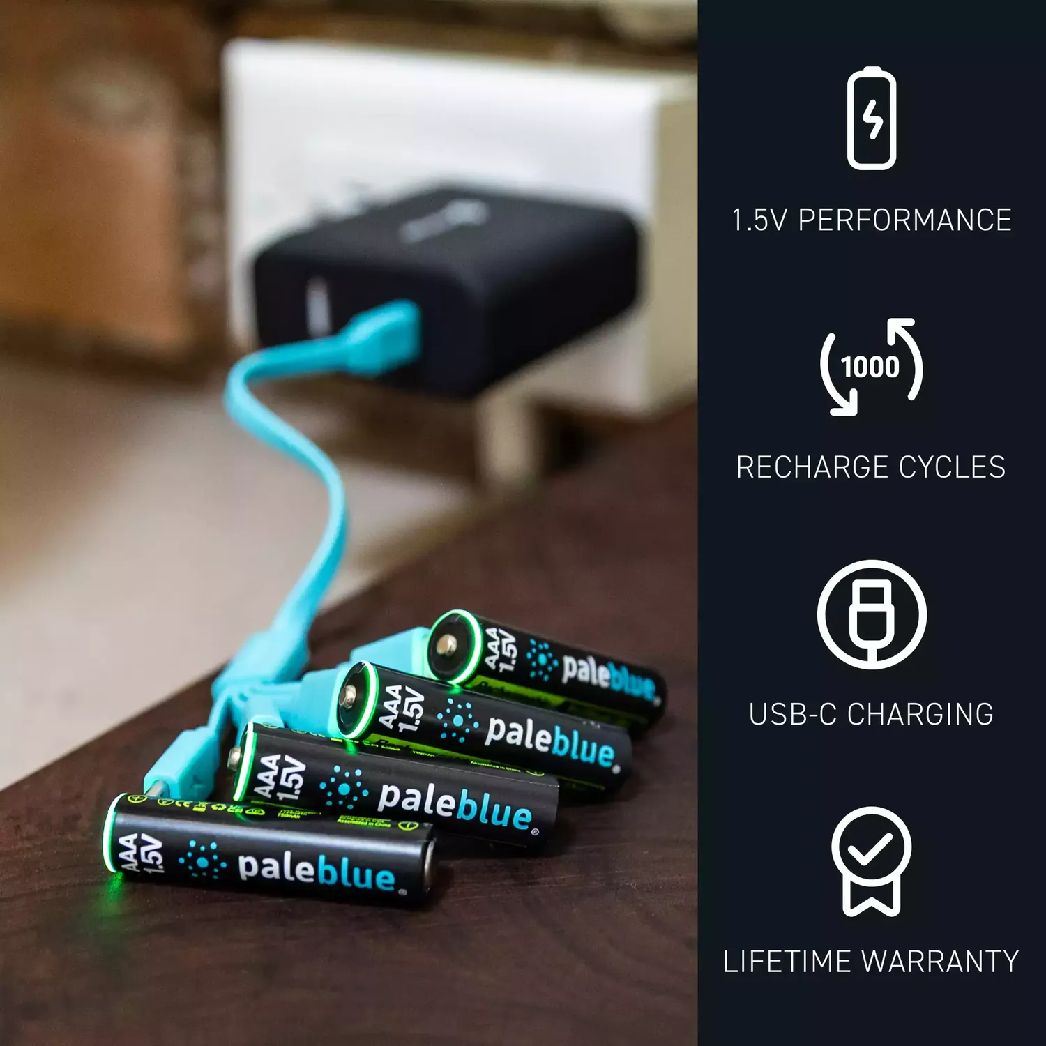 Paleblue Voyager AAA USB-C Rechargeable Batteries (4-Pack) charging from a wall charger through the 4-to-1 USB-C cable, beside icons for 1.5 V performance, 1,000 recharges, USB-C charging, and lifetime warranty.