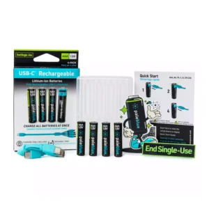 Paleblue Voyager AAA USB-C Rechargeable Batteries (4-Pack) laid out with the package, four AAA cells, recycled plastic travel cases, a charging cable, and a quick start guide.