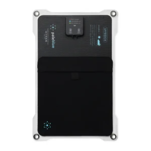 Paleblue Approach 1 Single-Panel Solar Charger from the back, showing the storage sleeve and the port box.