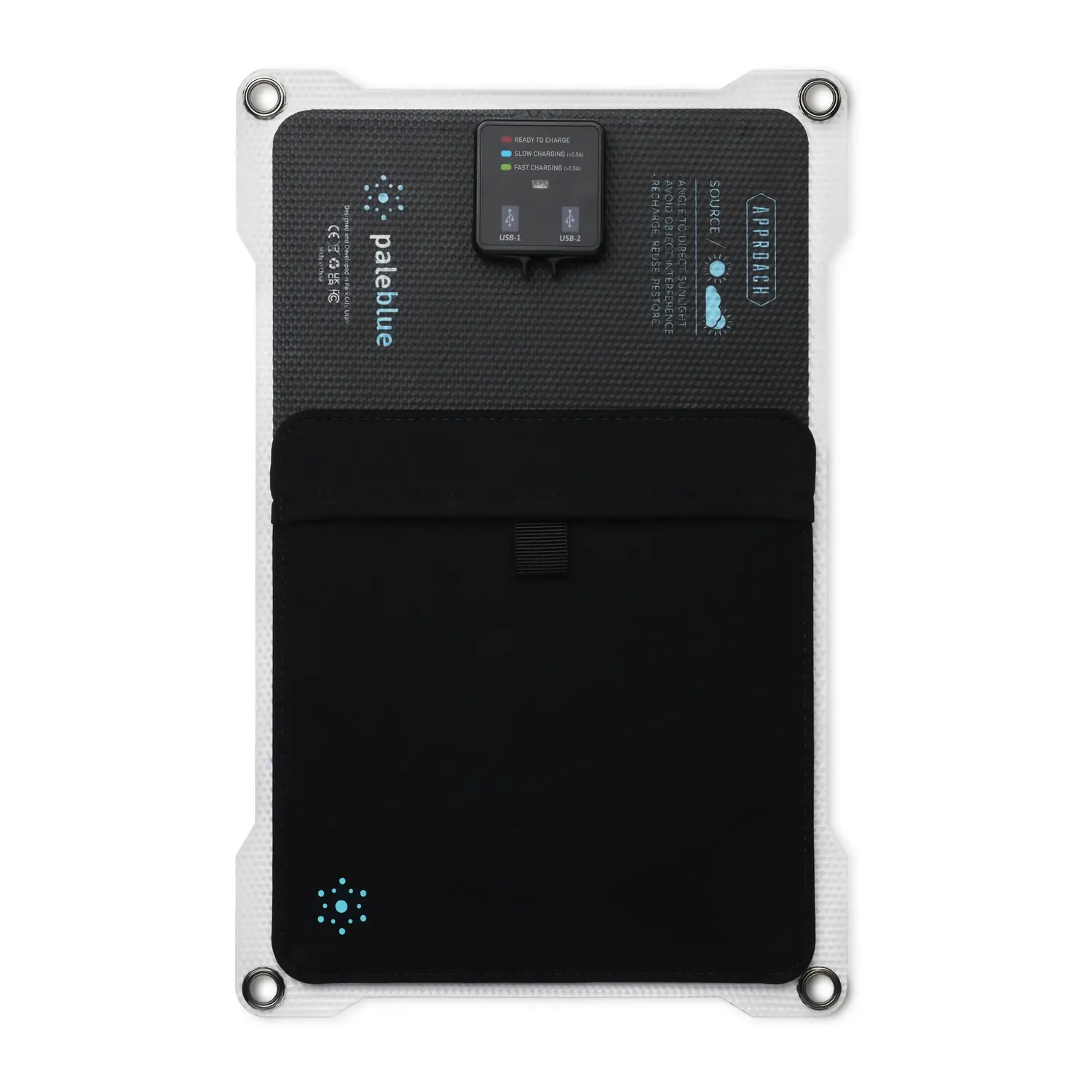 Paleblue Approach 1 Single-Panel Solar Charger from the back, showing the storage sleeve and the port box.