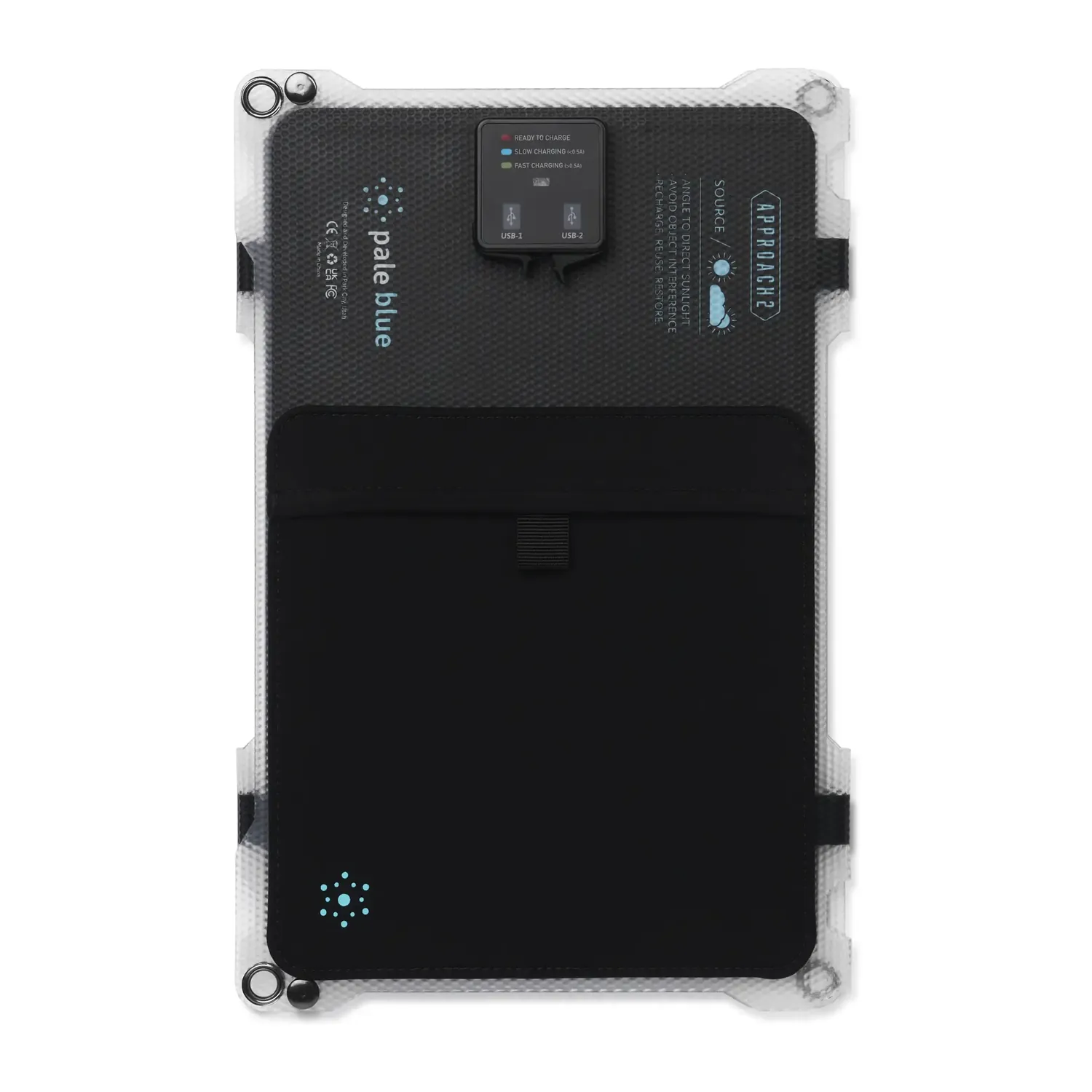 Paleblue Approach 2 Triple-Panel Solar Charger folded and seen from the back, showing the storage sleeve and the port box.