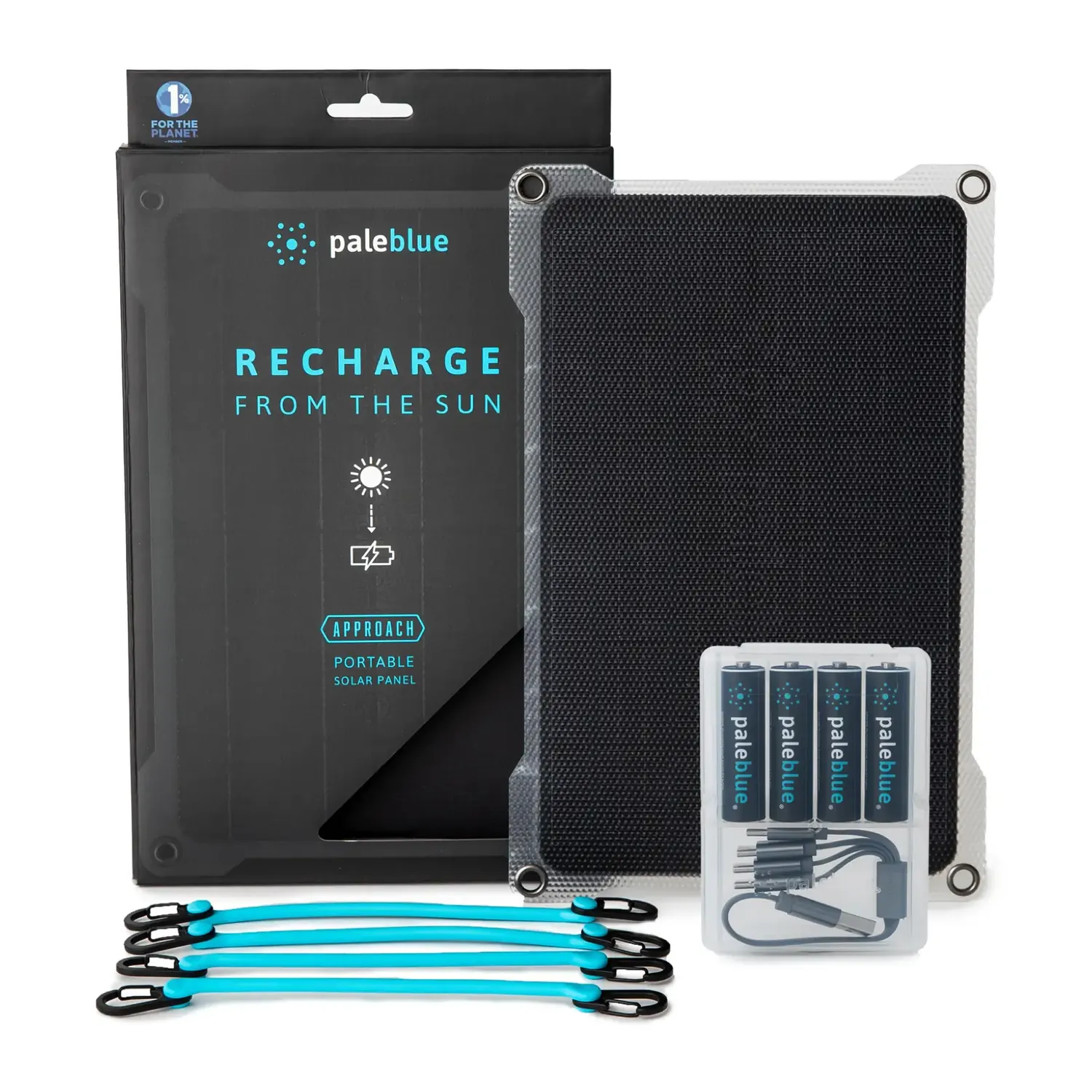 Paleblue AA Solar Starter Kit with Approach 1 Solar Charger laid out: the package, the Approach 1 panel, four AA cells in travel cases, and four grip cords.