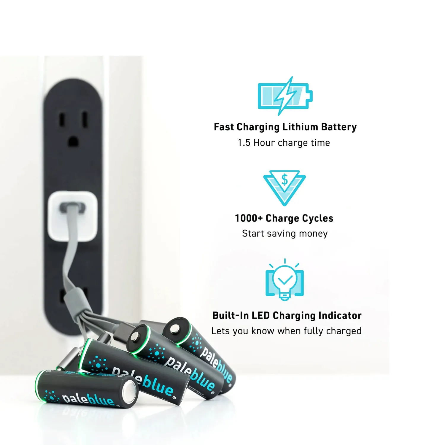 Paleblue AA Solar Starter Kit with Approach 1 Solar Charger: AA cells charging from a wall outlet, with callouts for fast charging, 1,000+ charge cycles, and a built-in LED charging indicator.