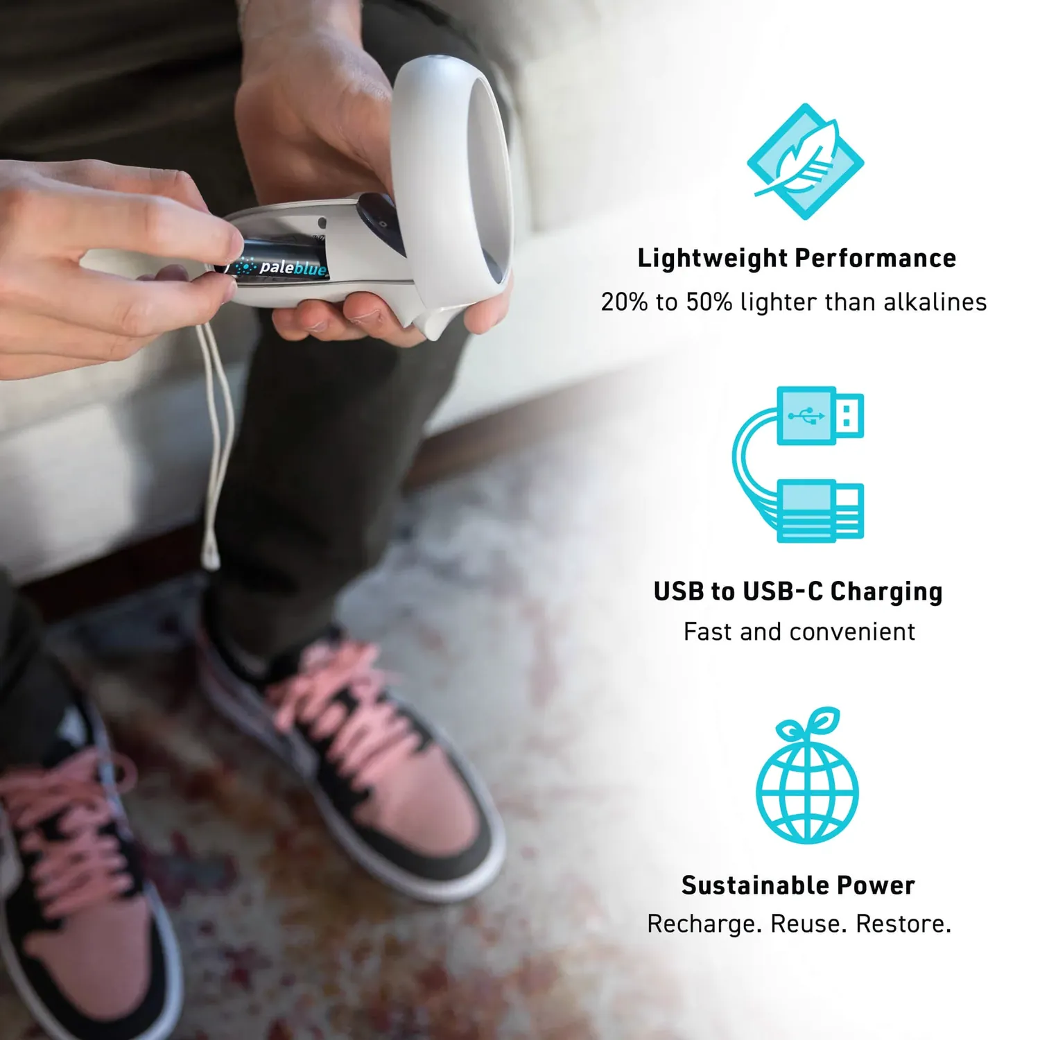 Paleblue AA Solar Starter Kit with Approach 1 Solar Charger: an AA cell going into a game controller, with callouts for light weight, USB to USB-C charging, and sustainable power.