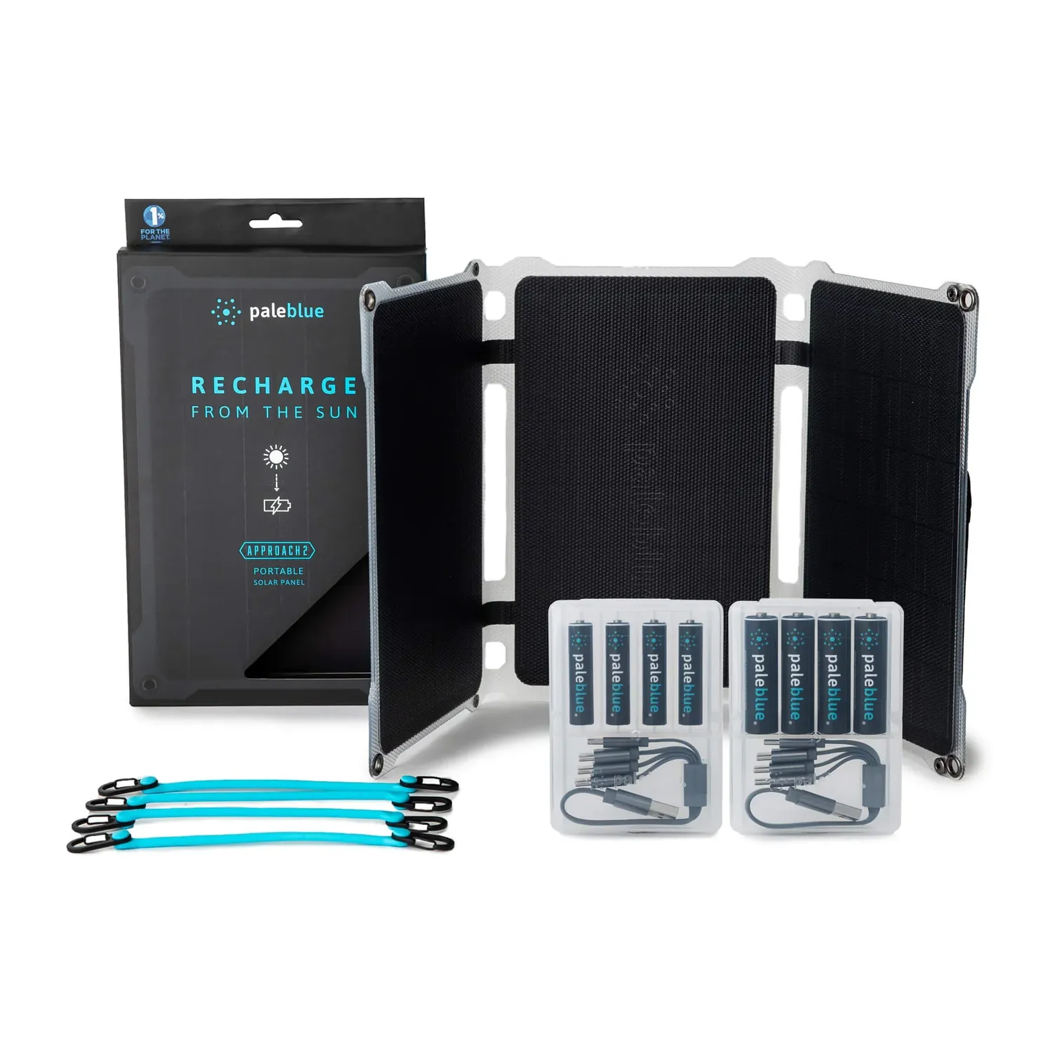 Paleblue AA & AAA Solar Power Kit with Approach 2 Solar Charger laid out: the package, the Approach 2 panels, AA and AAA cells in travel cases, and four grip cords.