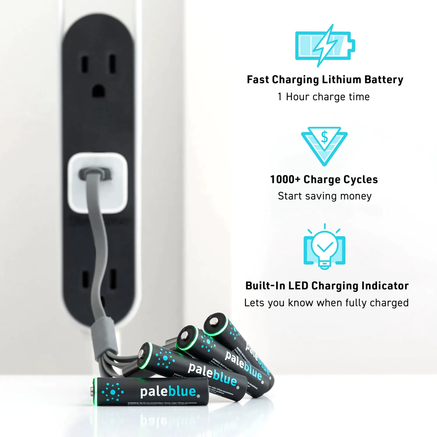 Paleblue AA & AAA Solar Power Kit with Approach 2 Solar Charger: AAA cells charging from a wall outlet, with callouts for fast charging, 1,000+ charge cycles, and a built-in LED charging indicator.