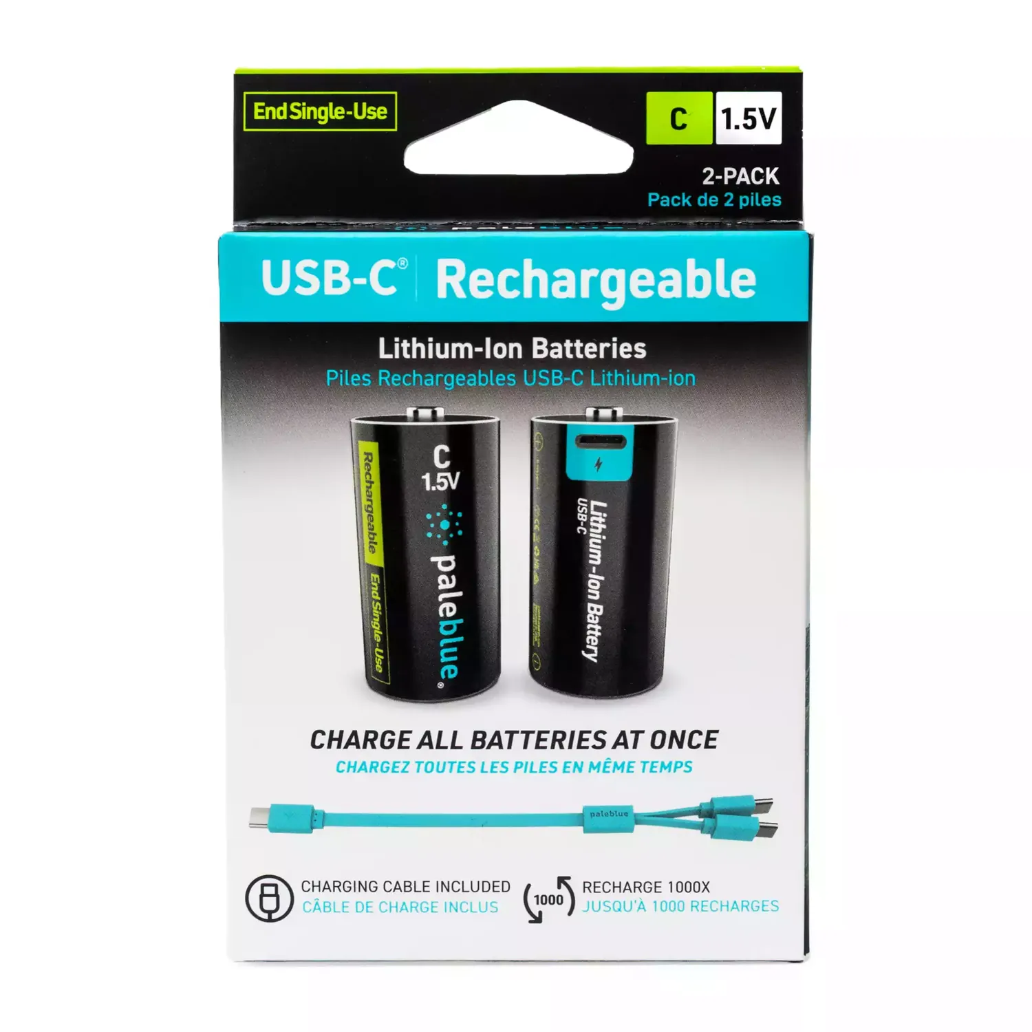 Paleblue Voyager C USB-C Rechargeable Batteries (2-Pack) in its retail package, shown from the front.
