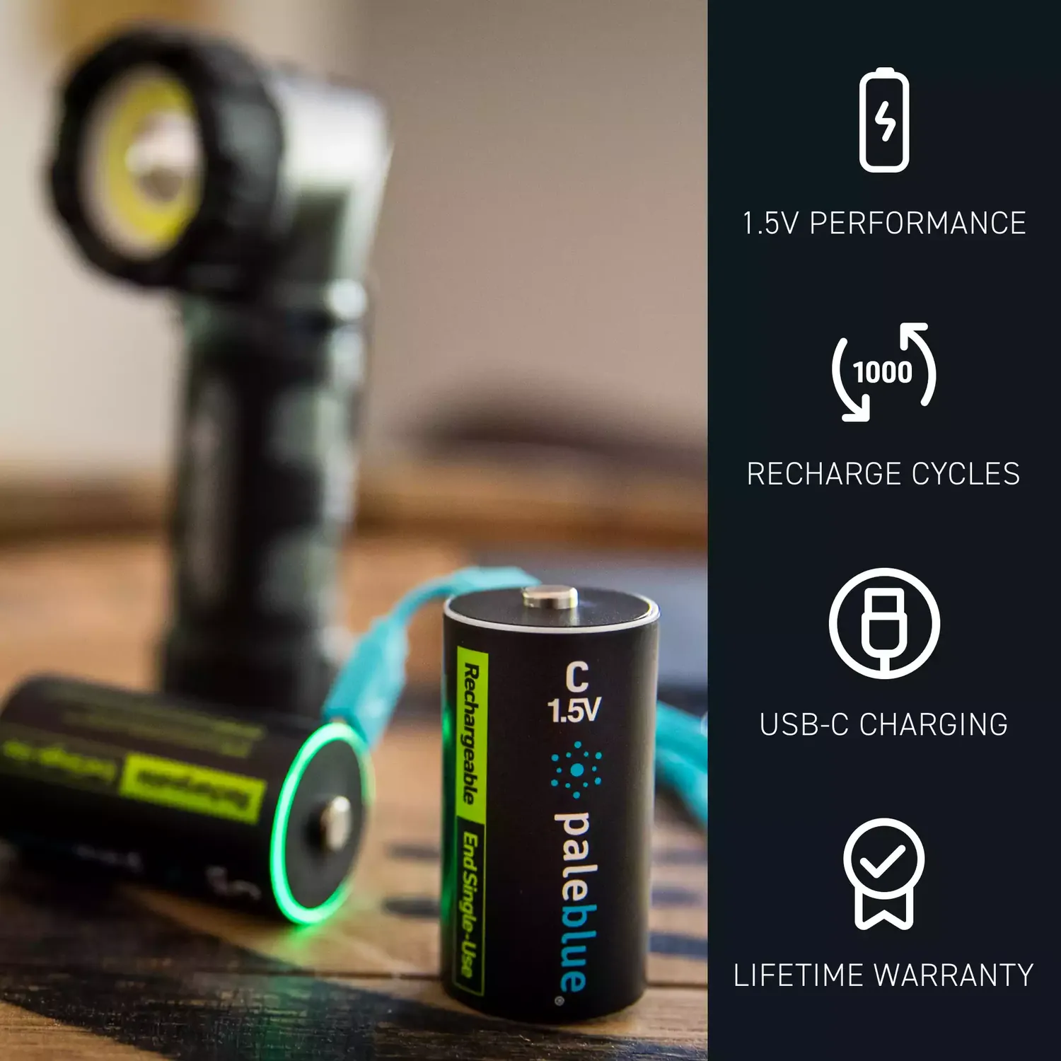 Paleblue Voyager C USB-C Rechargeable Batteries (2-Pack) charging beside a lantern, with icons for 1.5 V performance, 1,000 recharges, USB-C charging, and lifetime warranty.