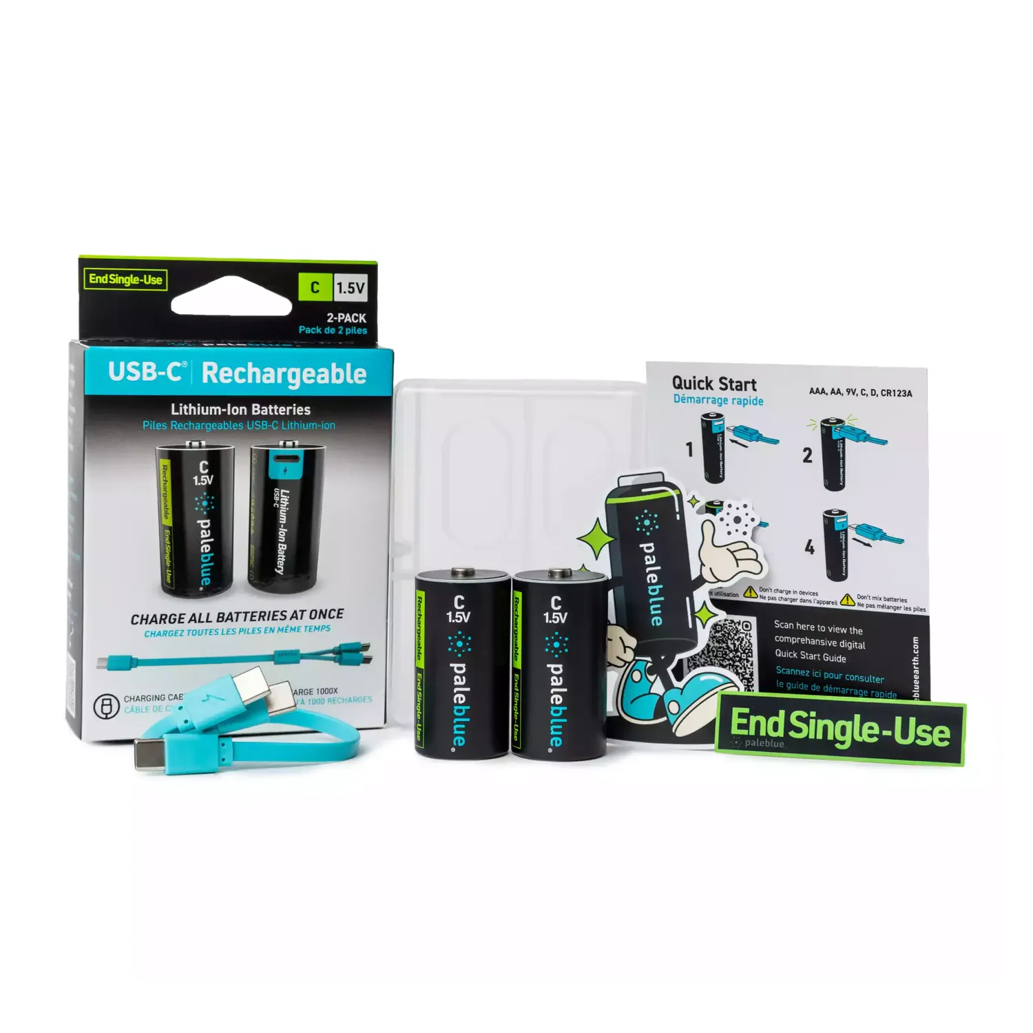 Paleblue Voyager C USB-C Rechargeable Batteries (2-Pack) laid out with the package, two C cells, recycled plastic travel cases, a charging cable, and a quick start guide.