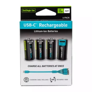 Paleblue Voyager CR123A USB-C Rechargeable Batteries (4-Pack) in its retail package, shown from the front.