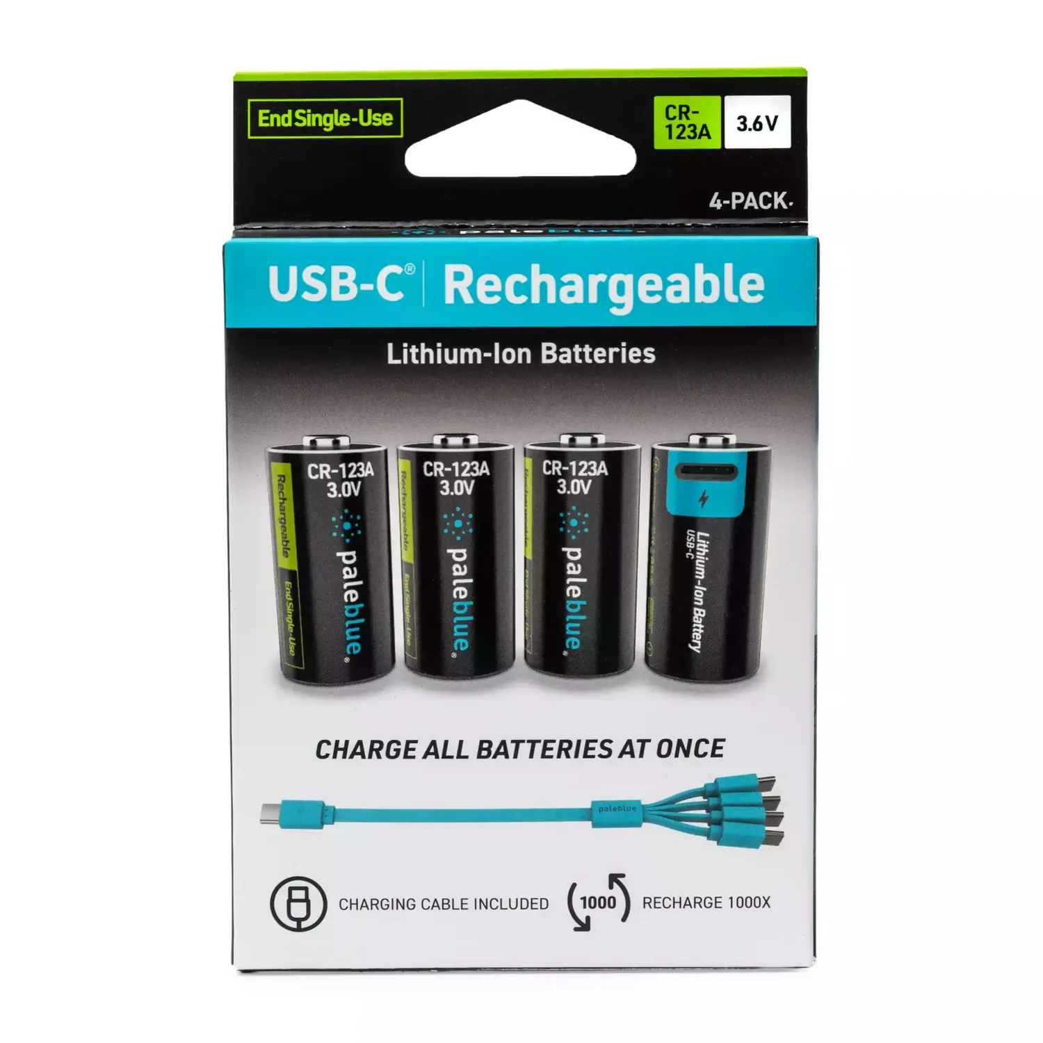 Paleblue Voyager CR123A USB-C Rechargeable Batteries (4-Pack) in its retail package, shown from the front.