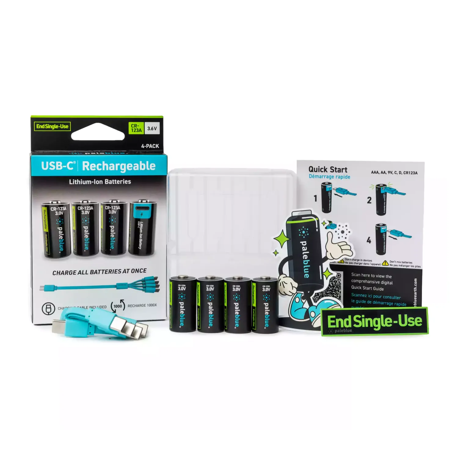 Paleblue Voyager CR123A USB-C Rechargeable Batteries (4-Pack) laid out with the package, four CR123A cells, recycled plastic travel cases, a charging cable, and a quick start guide.