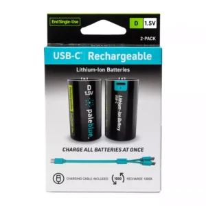 Paleblue Voyager D USB-C Rechargeable Batteries (2-Pack) in its retail package, shown from the front.
